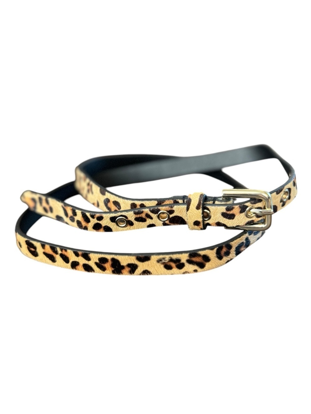 Express Leopard Print Genuine Leather Skinny Belt, Size Large